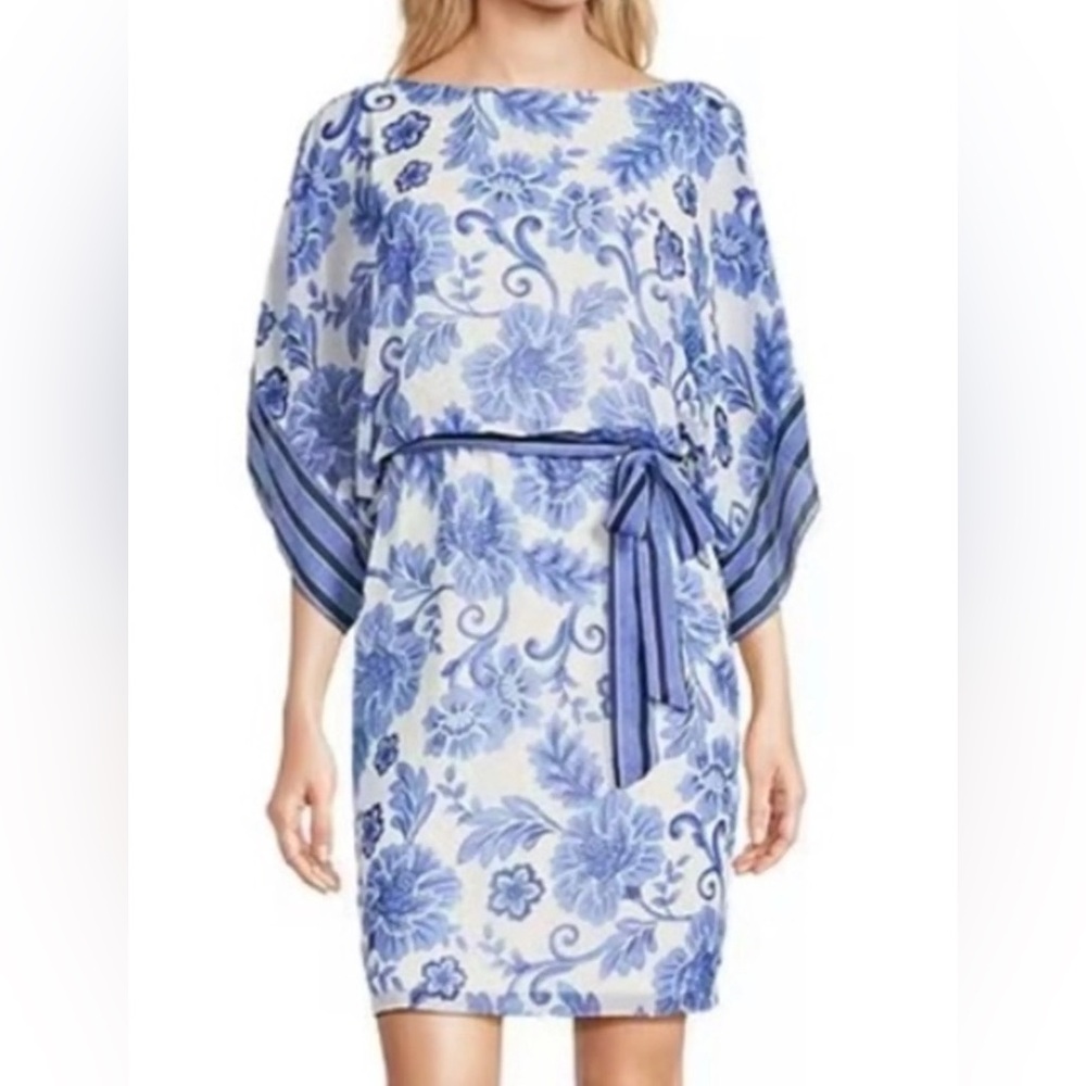 Jessica Howard Blue & White Floral Chiffon Dress, Size 16W
